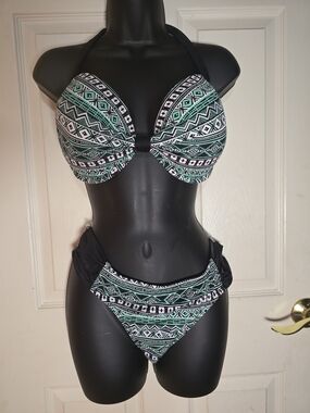 VENUS Black and Teal Geometric Push-Up Bikini